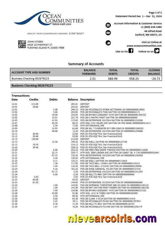 USA Maine Ocean Communities Federal Credit Union bank statement, 3 pages